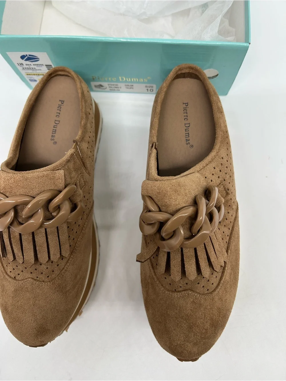 Pierre Dumas Paloma 3 Brown Suede Slip-On Loafers with Chain Accent size 10